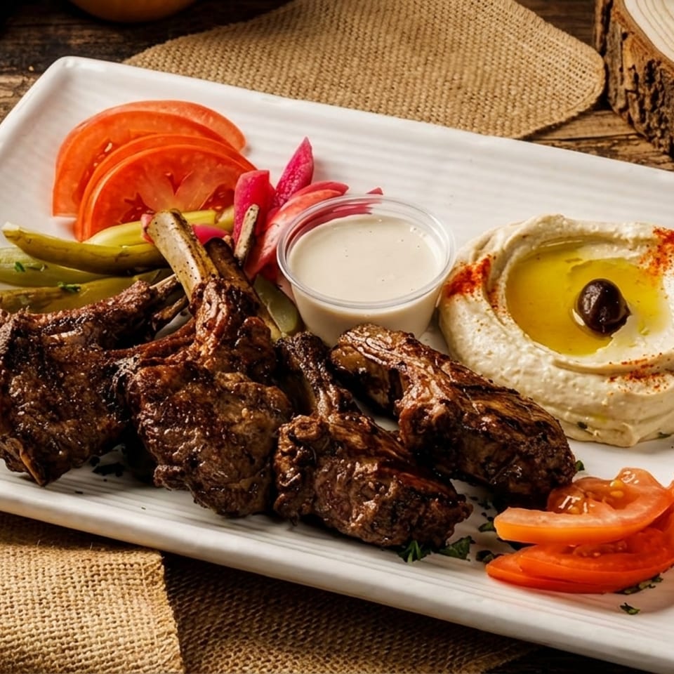 Grilled lamb chops with hummus, sliced tomatoes, pickles, and a white dipping sauce on a plate.