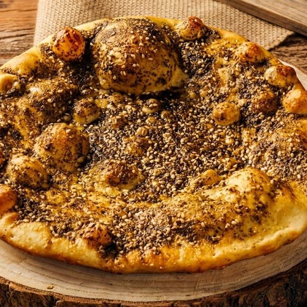 Round flatbread topped with za'atar spice and sesame seeds on a wooden serving board.