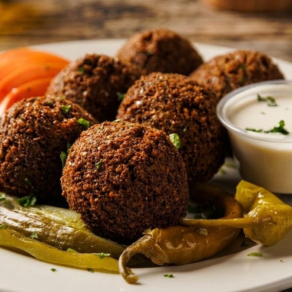 A plate of crispy falafel balls with sliced tomatoes, pickled red cabbage, peppers, and tahini sauce.