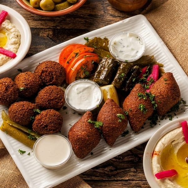 A large platter of falafel, kibbeh, stuffed grape leaves, tomatoes, and dips on a wooden table.