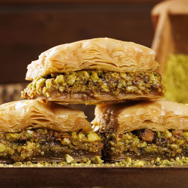 Stack of three golden baklava pastries with rich pistachio filling on a wooden surface.